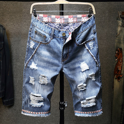 New summer foreign trade Europe and the United States men's denim shorts Retro Slim and broken rogue straight five pants short pants