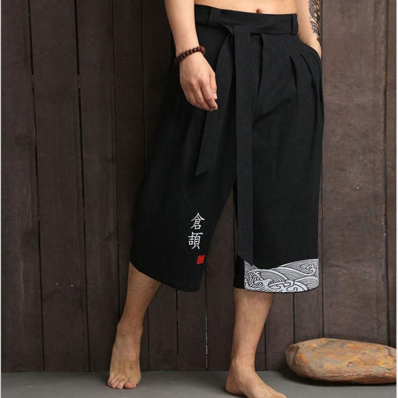 Japanese and Korean Kimono Men's Linen Cropped Trousers Yoga Loose Long  3/4 Pant Summer  Bushido Training Pants Taekwondo pants