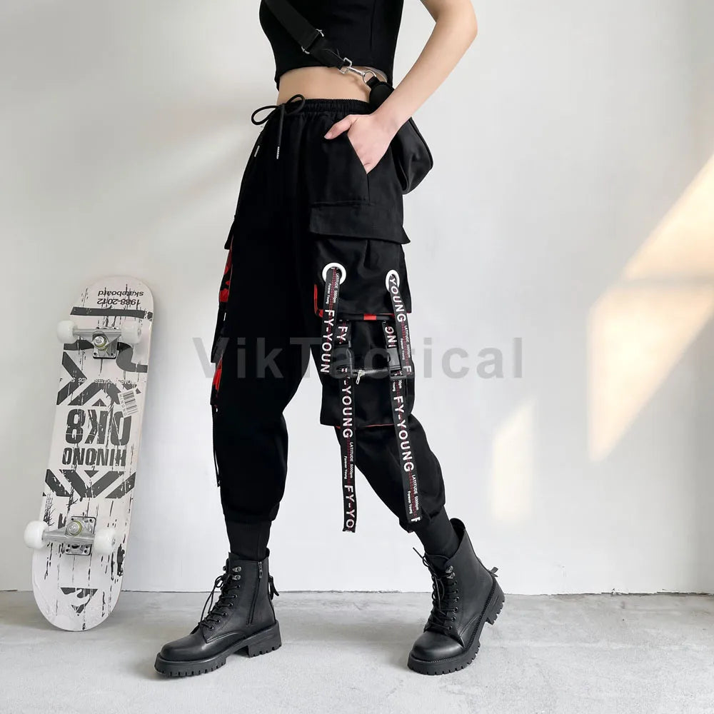 Women Cargo Pants 2023 Harem Pants Fashion Punk Pockets Jogger Trousers With Chain Harajuku Elastics High Waist Streetwear