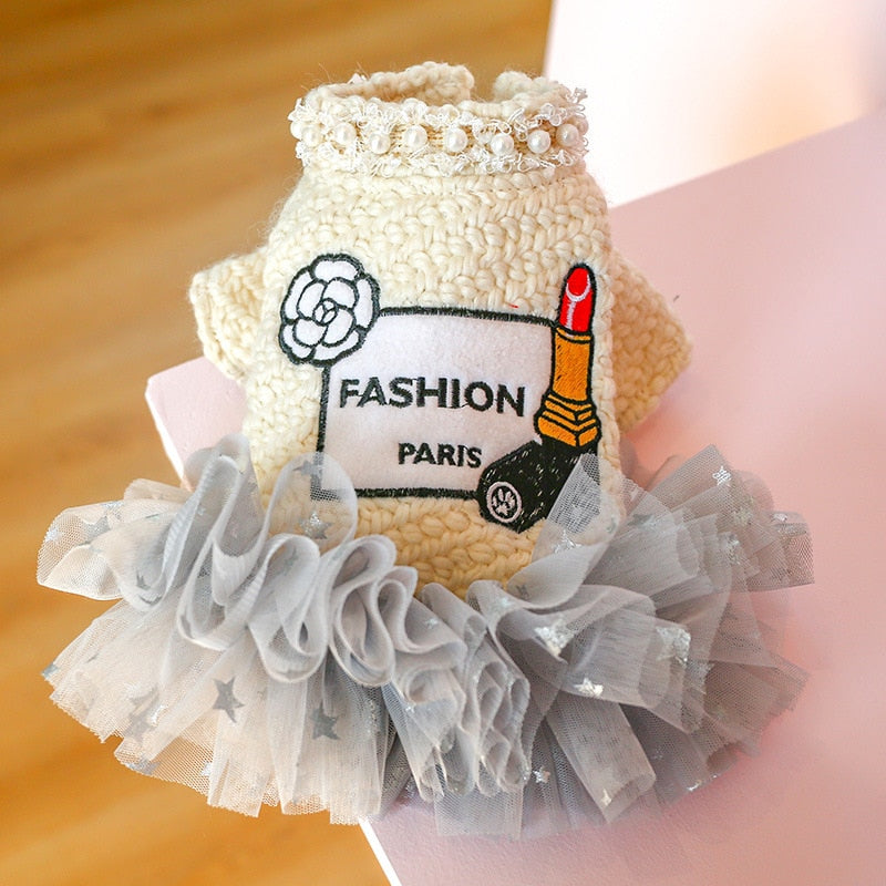 Dress in warm fabric with tutu skirt for your Princess's cold days. Luxury chic clothing for your Pet.