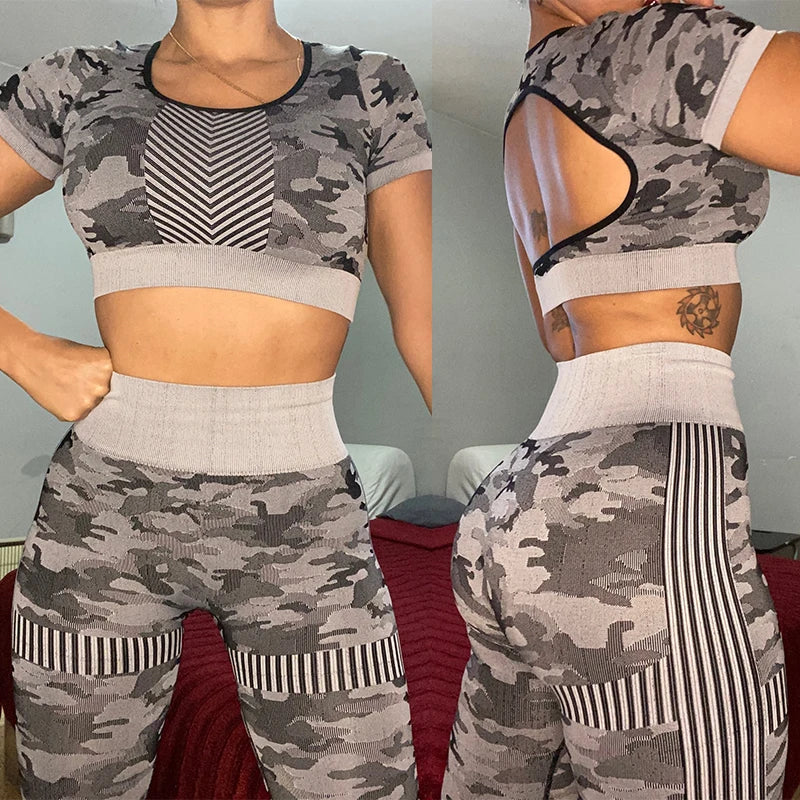 Seamless Sport Set Women Female Camouflage  2 Piece Crop Top Leggings Sportsuit Workout Outfit Fitness Active Gym Wear Yoga Sets