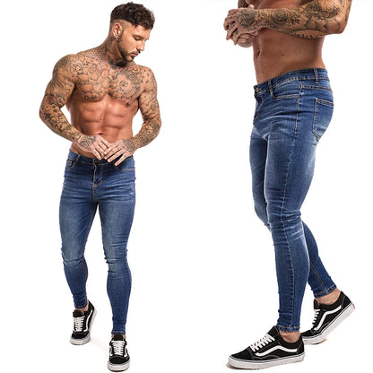 GINGTTO Jeans Men Elastic Waist Skinny Jeans Men 2024 Stretch Ripped Pants Streetwear Mens Denim Jeans Blue