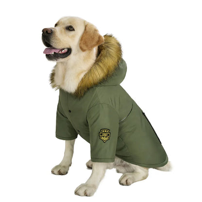 Hooded Dog Winter Warm Down Jacket Waterproof Fur Collar Dog Christmas Clothes With Badge Thicker Dog Accessories For Large Dogs