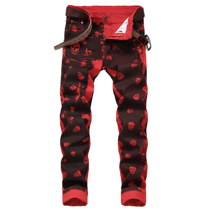 Men’s skull prints elastic denim pants street fashion paint prints red jeans slimming casual pants jeans