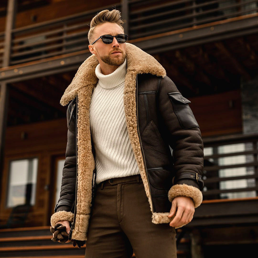 Product Leather and Fur Integrated Men's Jacket Thickened Mid length Jacket Autumn and Winter