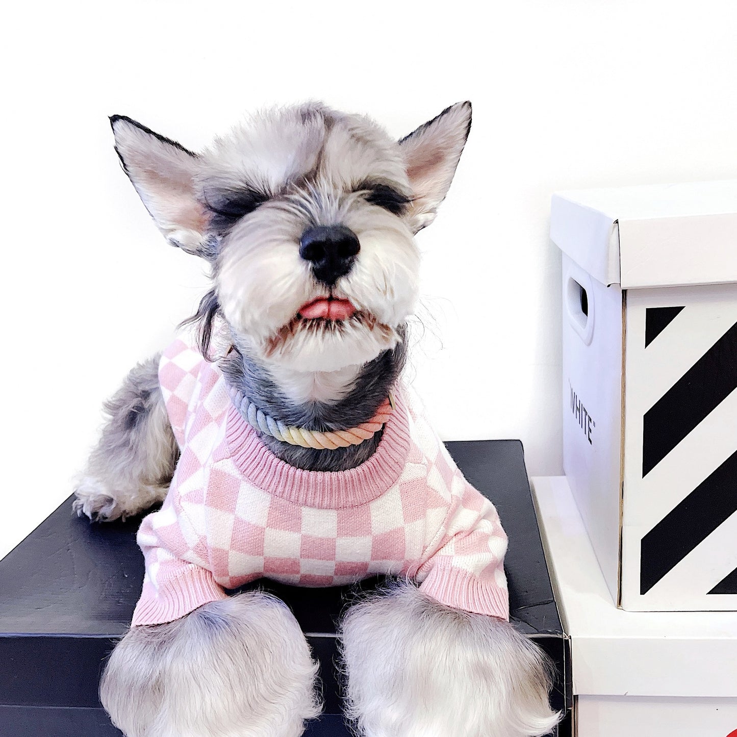 Pet Dog Cat Clothes Fadou Schnauzer Teddy Puppet English Short Pink Girly Checkerboard Sweater