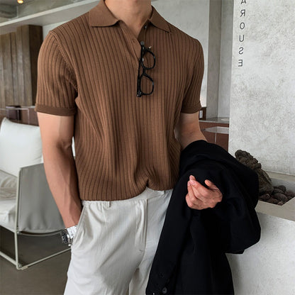 Hong Kong style lapel polo shirt short sleeve men's fashion brand loose casual summer thin solid color knit T-shirt undershirt