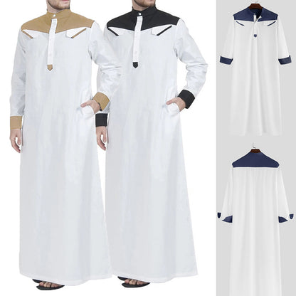 Spring and Autumn Dubai Muslim Men's Door Barrel Color Stitching Long Robe Middle East Casual Men's Robe