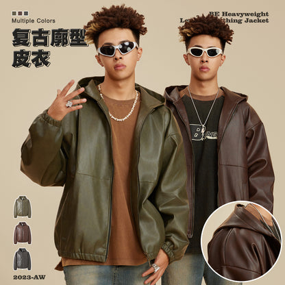 BE men's 2024 fall/winter heavy 370G American retro oversized leather jacket jacket loose fashion brand jacket men