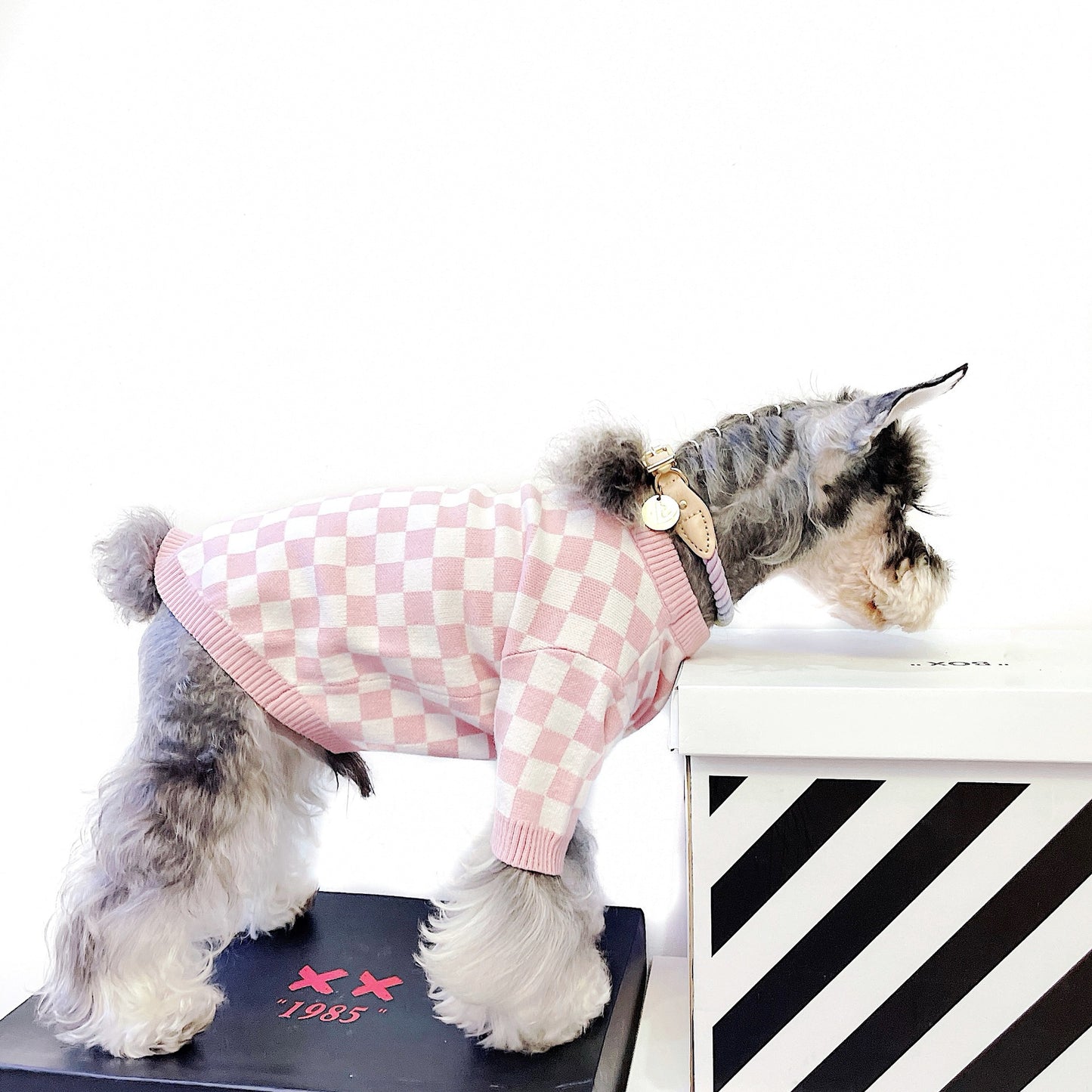 Pet Dog Cat Clothes Fadou Schnauzer Teddy Puppet English Short Pink Girly Checkerboard Sweater