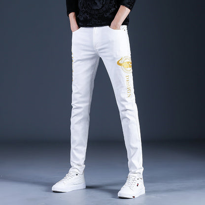 2024 White Leisure Micro Slim Cowboy Autumn Youth Men's Trend Embroidery Cotton Child Pants