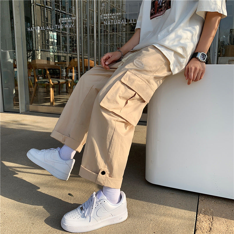 Summer straight tooling pants men's cotton casual pants Korean version of the wild trousers trend loose wide legs nine pants men