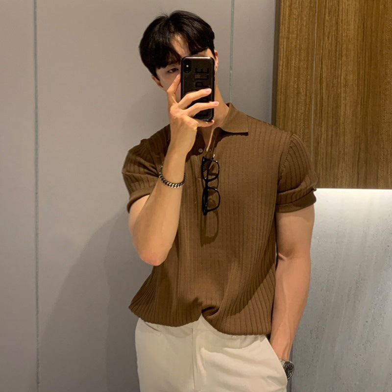 Hong Kong style lapel polo shirt short sleeve men's fashion brand loose casual summer thin solid color knit T-shirt undershirt