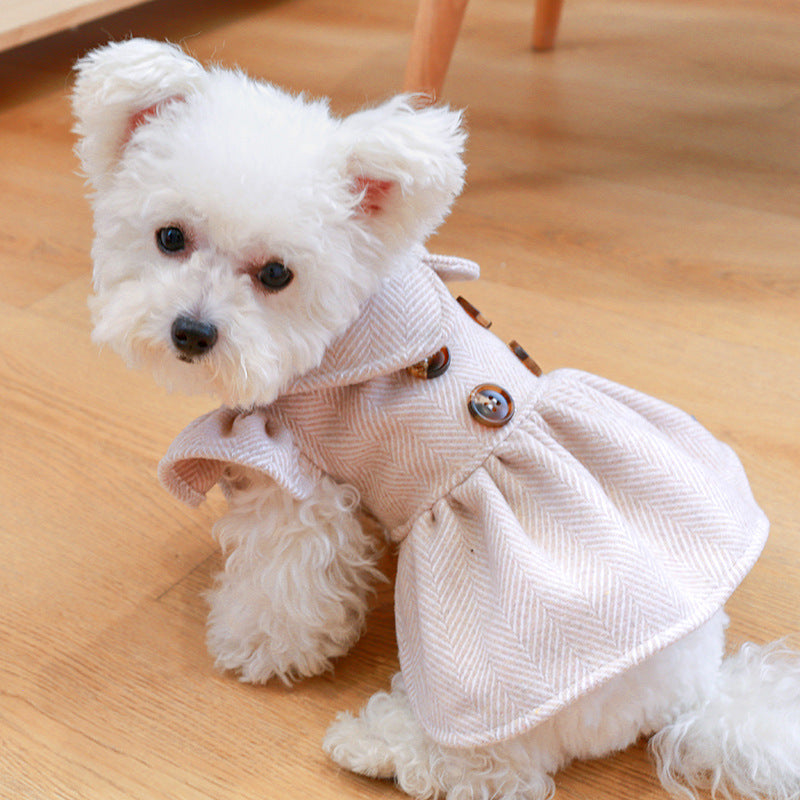 Pet dog cat autumn and winter new college wind doll woolen skirt fungus flower side skirt Teddy bear dog clothes