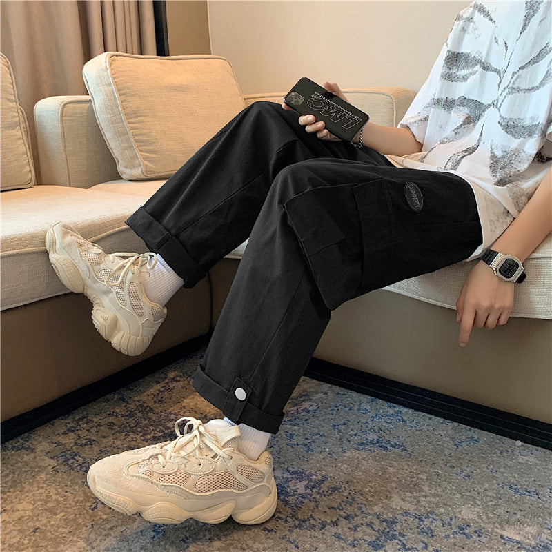 Summer straight tooling pants men's cotton casual pants Korean version of the wild trousers trend loose wide legs nine pants men