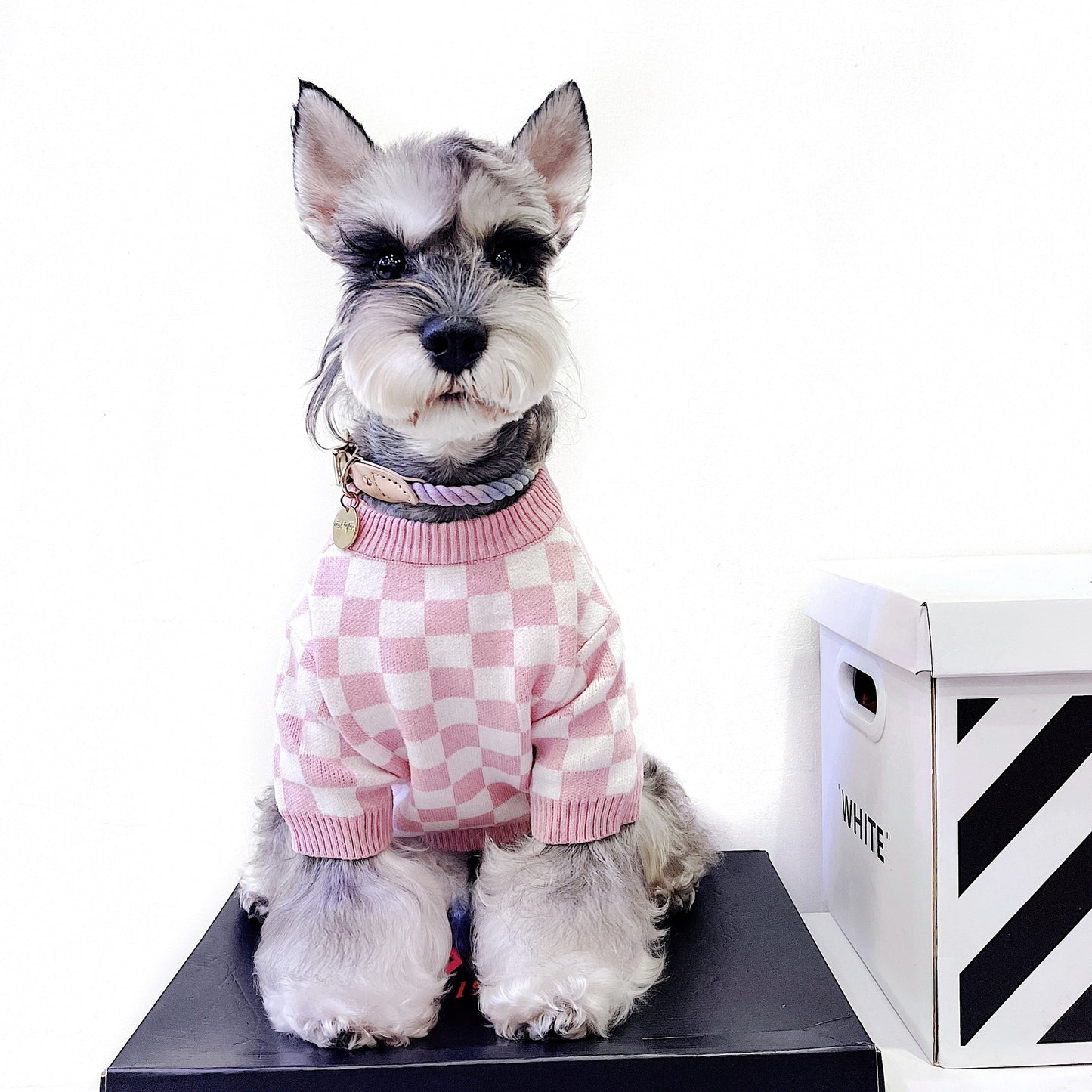 Pet Dog Cat Clothes Fadou Schnauzer Teddy Puppet English Short Pink Girly Checkerboard Sweater