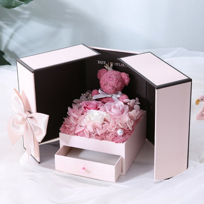 Qixi gift box packaging 520 lovers rose bear birthday gift eternal flowers double door gift box accessories wholesale