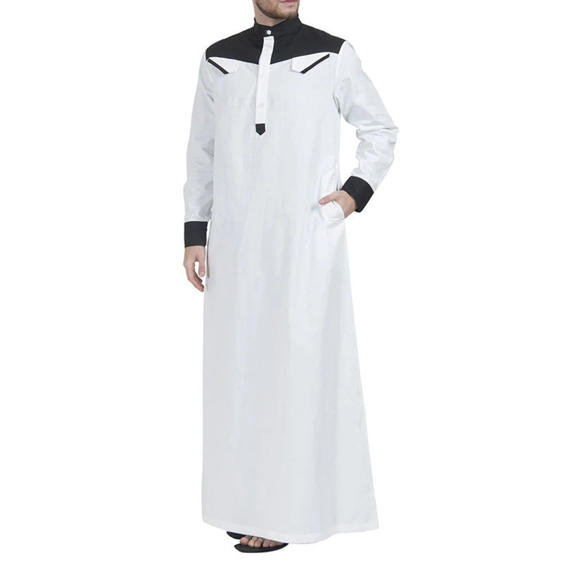 Spring and Autumn Dubai Muslim Men's Door Barrel Color Stitching Long Robe Middle East Casual Men's Robe