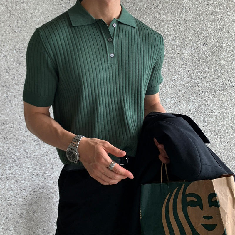 Hong Kong style lapel polo shirt short sleeve men's fashion brand loose casual summer thin solid color knit T-shirt undershirt