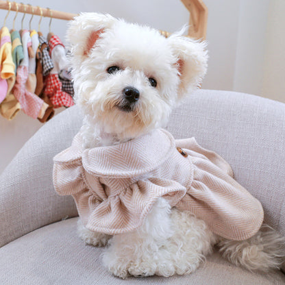 Pet dog cat autumn and winter new college wind doll woolen skirt fungus flower side skirt Teddy bear dog clothes