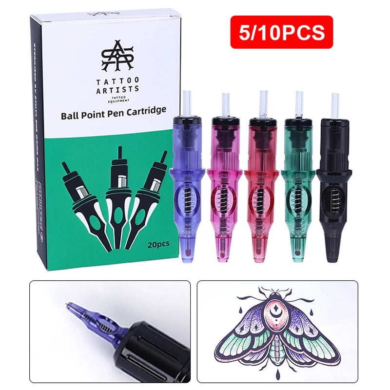 5/10pcs Ballpoint Tattoo Cartridge Needles 5 Colors Practice Needles Drawing for Motor Tattoo Pen Grip Cartridge Supplies