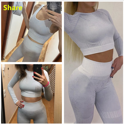 Rid Seamless Yoga Set Women 2pcs Two Piece Long Sleeve Crop Top T-Shirt Leggings Outfit Clothes Gym Wear Fitness Suit Sport Sets