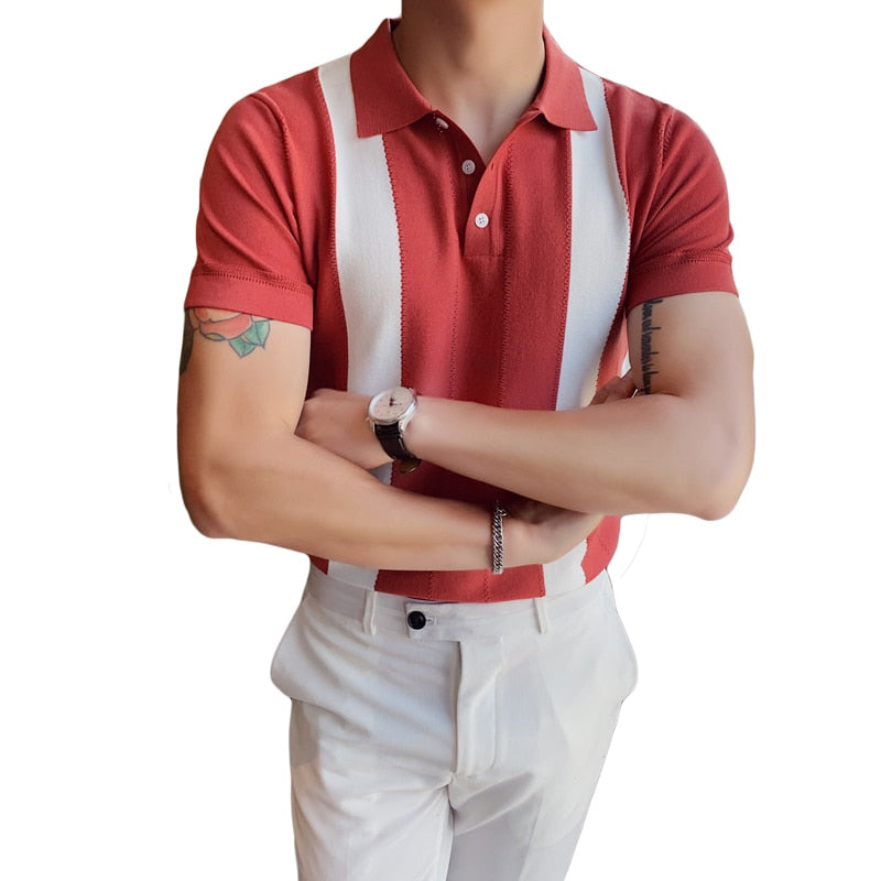 2024 Summer Men&#39;s Short-sleeved Knitted Casual POLO Shirts Contrast Color British Slim Lapel Ice Silk POLO Shirt Men Clothes