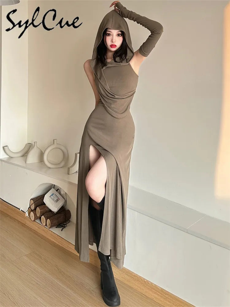 Sylcue Solid Color Simple Hooded Sexy Trendy Cool Distinctive Summer High Street Confident Mature Charm Women's Split Dress