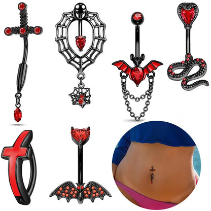 1PC Red Black Bat Belly Button Ring Surgical Steel Cross Navel Piercing Dangle Snake Belly Button Jewelry Women Piercing Ombligo