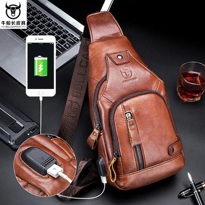 2024 new 100% cowhide Leather Casual Fashion Crossbody Chest Bag men's leather bag USB Charging Travel Shoulder Bag Daypack Male