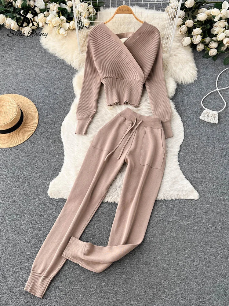 SINGREINY Winter Casual Knitted Two Pieces Suits V Neck Long Sleeve Sweater+ Elastic Casual Long Pants Sets Women Sweater Sets