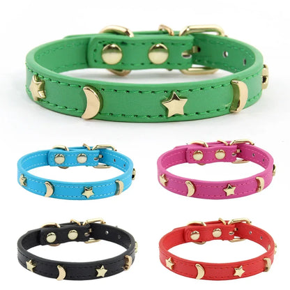 Cute Cat Collar Soft Leather Pet Collars For Small Dog Kitten Puppy Necklace Cat Accessories  Star Moon Rivets Decoration XS-M