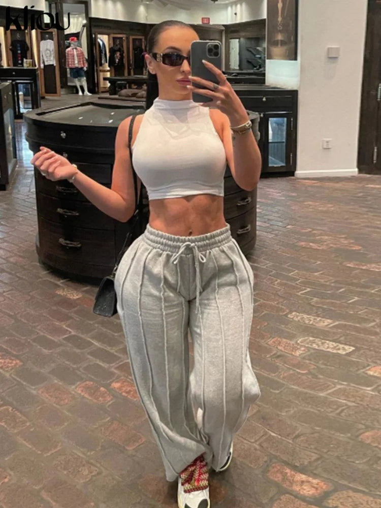 Kliou Pleated Loose Pants Women Casual Active High Waist Stretchy Lace Up Sporty Straight Trousers Female Activewear Bottoms