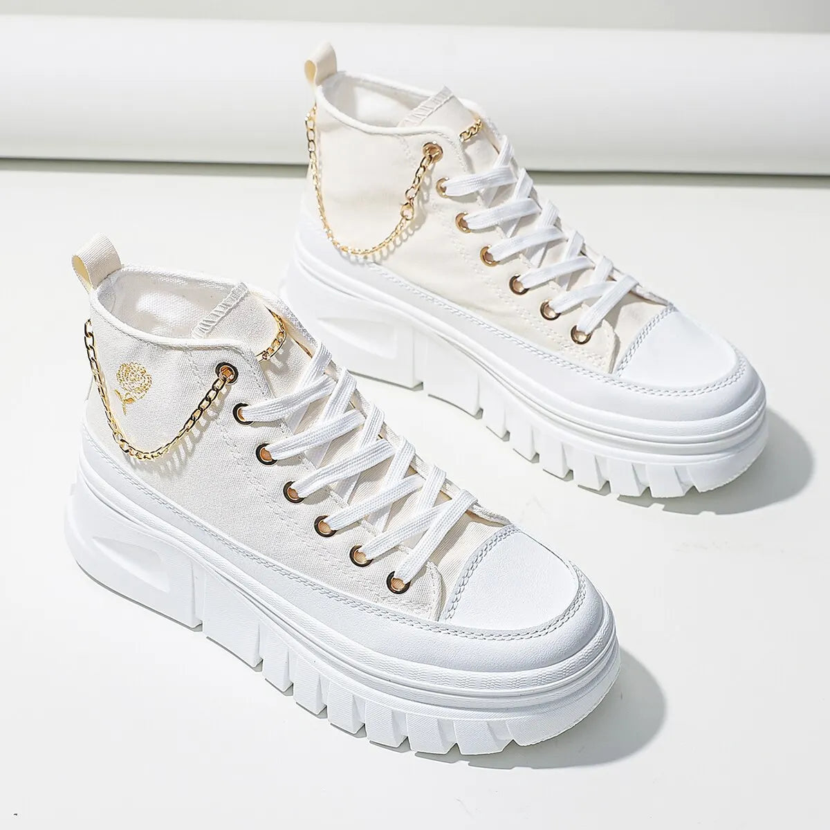 Women Lace-Up Front High Top Flatform Canvas Shoes Fashion Casual Comfortable Height Increasing Sneakers RoseChain Women's Shoes