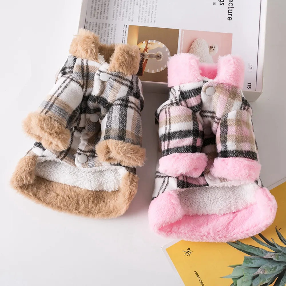 Winter Pet Jacket Clothes Grid Warm Small Dogs Clothing With Fur Collar Cotton Pet Outfits French Bulldog Coat Vest Chihuahua