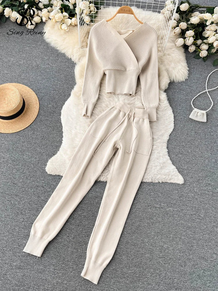 SINGREINY Winter Casual Knitted Two Pieces Suits V Neck Long Sleeve Sweater+ Elastic Casual Long Pants Sets Women Sweater Sets