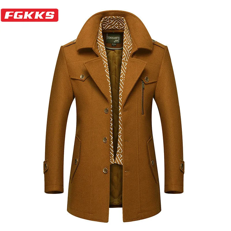 FGKKS Man Classic Fashion Trench Coat Male Long Jacket Slim Fit Overcoat Casual Wool Blends Warm Outerwear Windbreaker Men