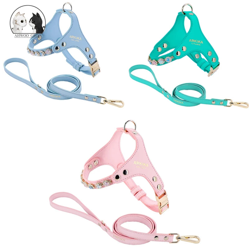 Luxury 3/Set Dog Harness and Leash Rhinestone PU Leather Adjustable Cat Dog Collar Chest Strap Pet Rope Accessories Supplies