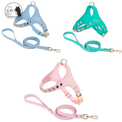 Luxury 3/Set Dog Harness and Leash Rhinestone PU Leather Adjustable Cat Dog Collar Chest Strap Pet Rope Accessories Supplies