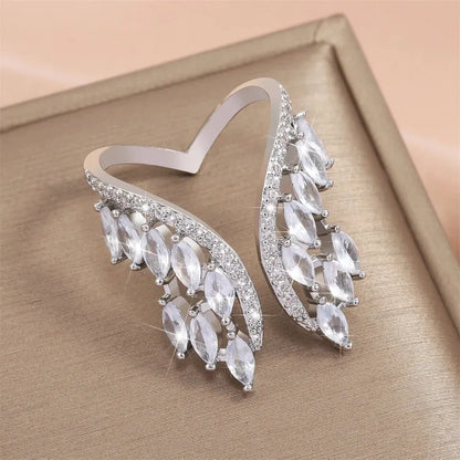 Romantic Cubic Zirconia Open Wing Joint Rings for Women Bridal Engagement Girls Party Adjustable Finger Gift Jewelry