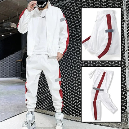 Men Casual Sports Set Reflective Strip Sportswear Two-piece Set Student Spring Autumn Sportswear Long Sleeve Pants