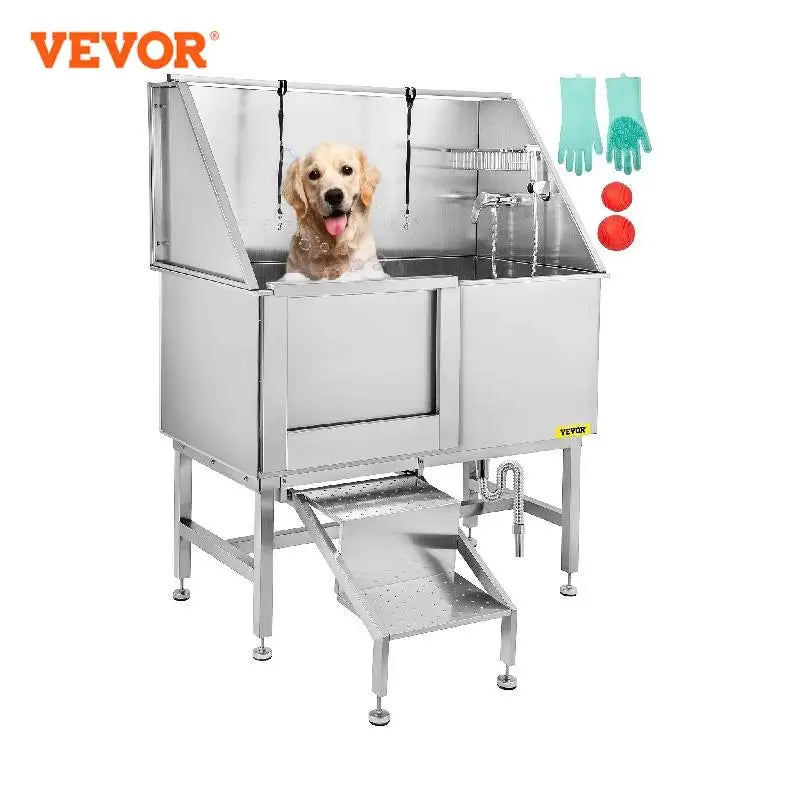 VEVOR 50 Inch Dog Grooming Tub Professional Stainless Steel Pet Dog Bath Tub With Steps Faucet & Accessories Dog Washing Station