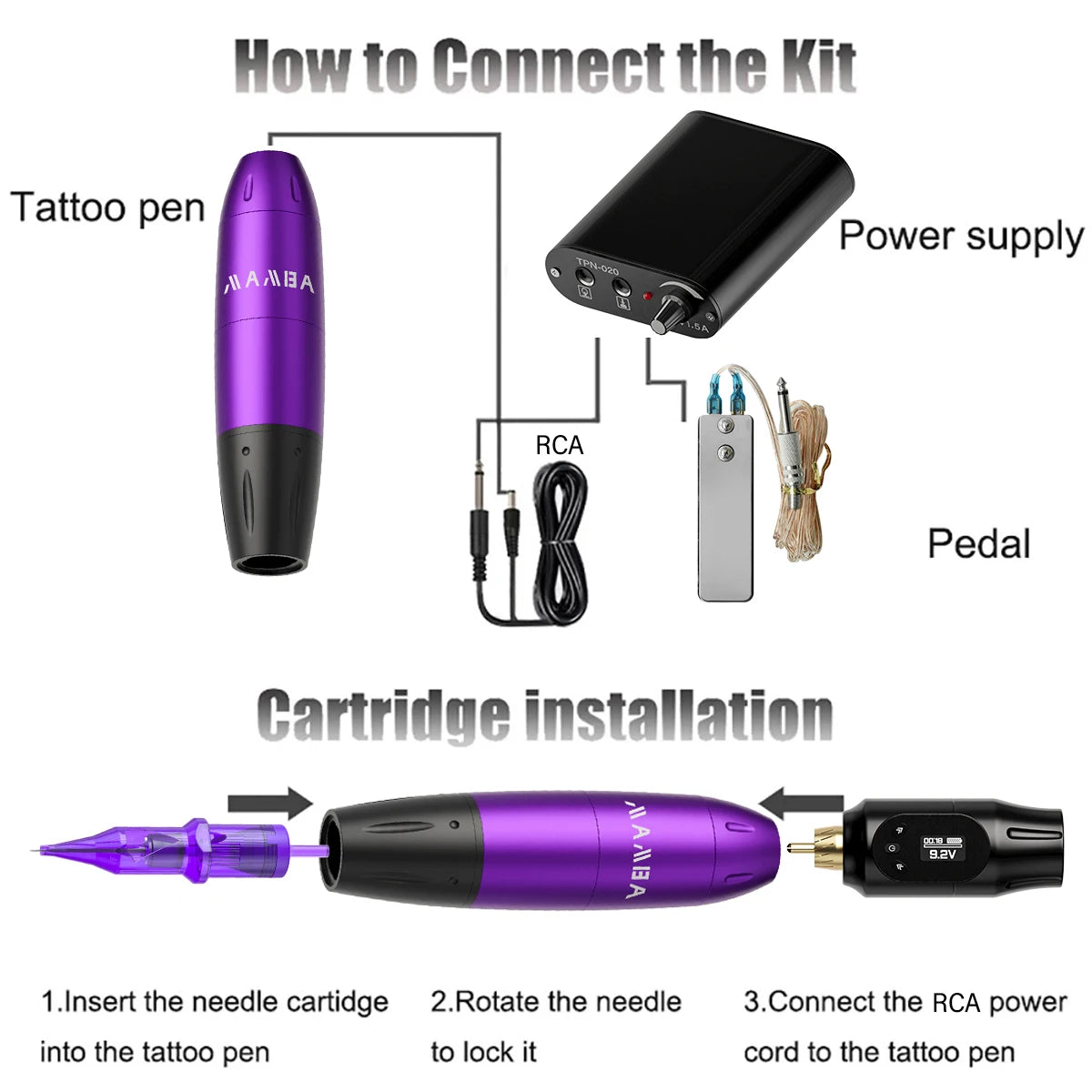 Professional Wireless Tattoo Machine Kit Complete Rotary Tattoo Machine Battery Cartridge Needles Power Supply Ink for Body Art