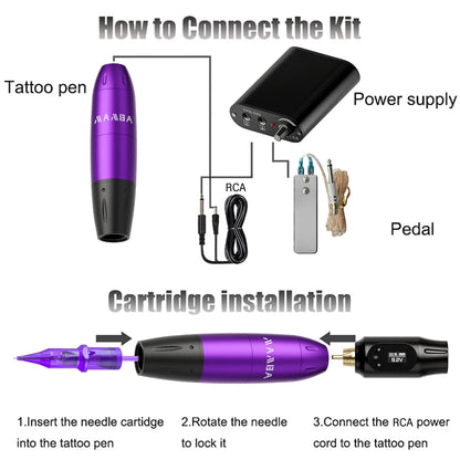 Professional Wireless Tattoo Machine Kit Complete Rotary Tattoo Machine Battery Cartridge Needles Power Supply Ink for Body Art