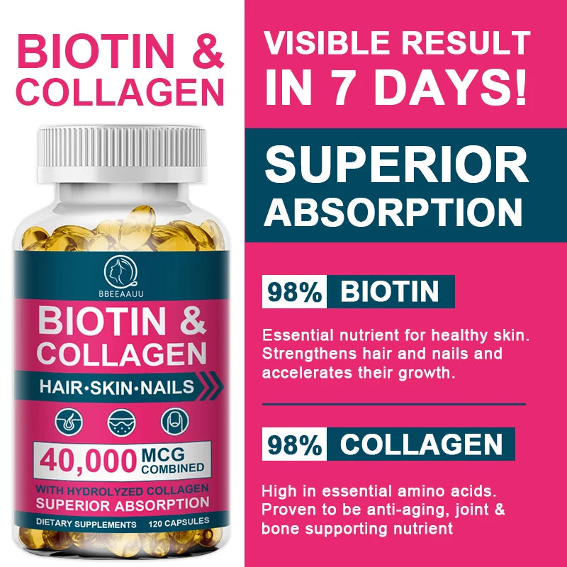 BBEEAAUU Collagen Biotin Capsule Biotin for Hair Growth Strong Hair Dry Hair Follicle Repair Skin Hydrolyzed Adult Beauty Care