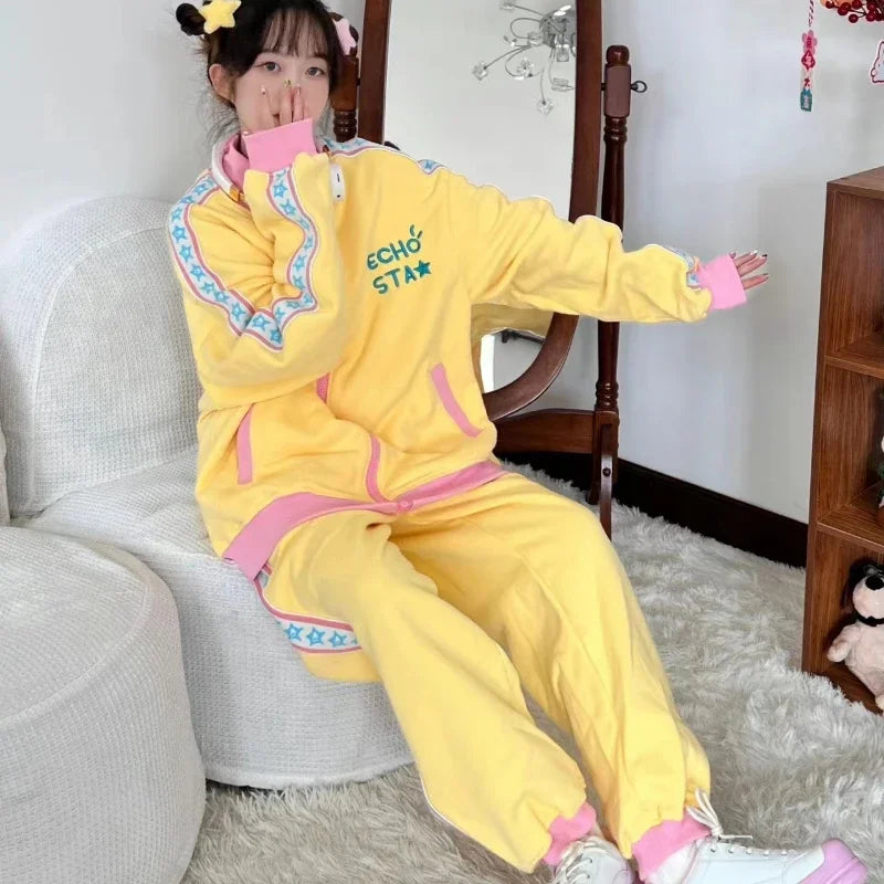 Yellow Star Logo  Long Sleeve 2-piece Set Women's Cute Personality Casual Zipper Cardigan and Sweatpants Women's Sports Suit