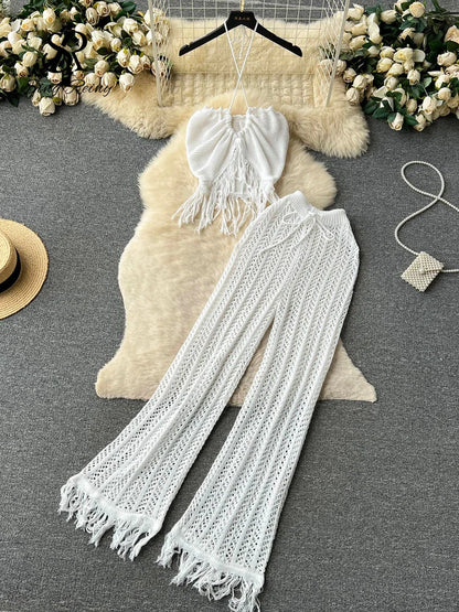 SINGREINY Summer Knitted Beach Two Pieces Sets Women Halter Backless Camis+Wide Legs Long Pants Tassel Hollow Out Bohe Suits