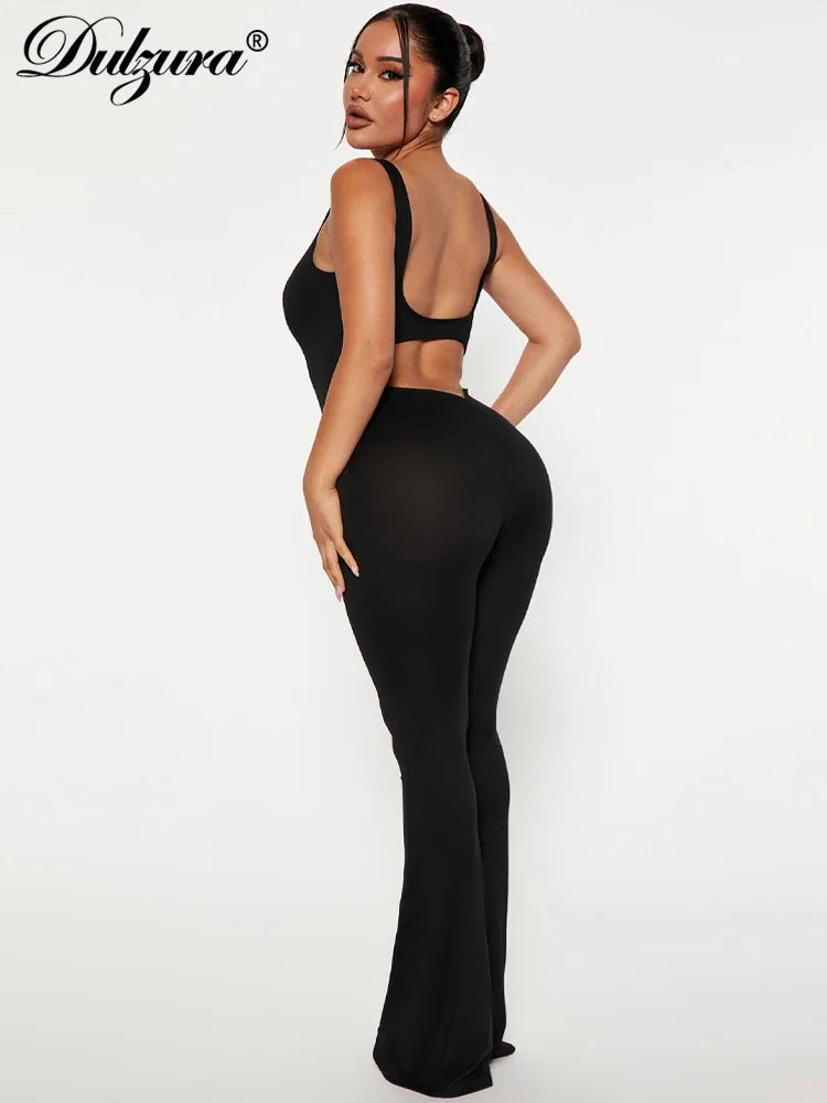 Dulzura 202 Women Solid Ruched Backless Cut Out Tank Unitard Jumpsuit Hollow Out Flared Pants Sexy Y2K Sleeveless Outfits jumper bodysuit