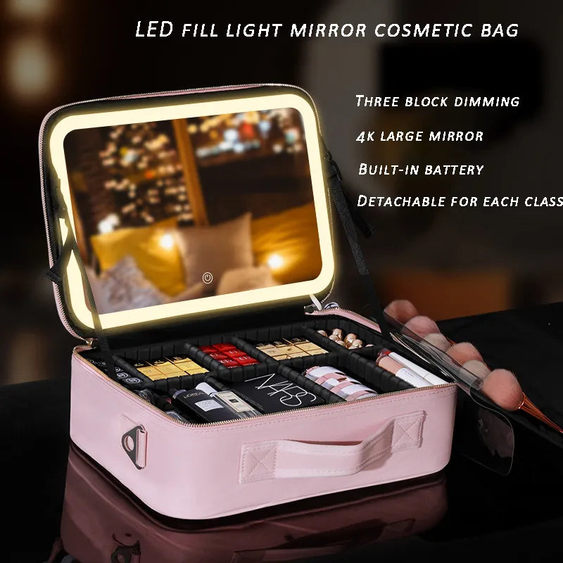 Smart LED Cosmetic Case with Mirror Cosmetic Bag Travel Makeup Bags for Women Fashion Portable Storage Bag Travel Makeup Bags