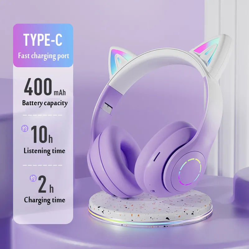 Cat Ear Headphone Bluetooth Wireless Music Headset Gradient Color LED Light with Mic Gamer Earphone Kids Lovely Christmas Gifts